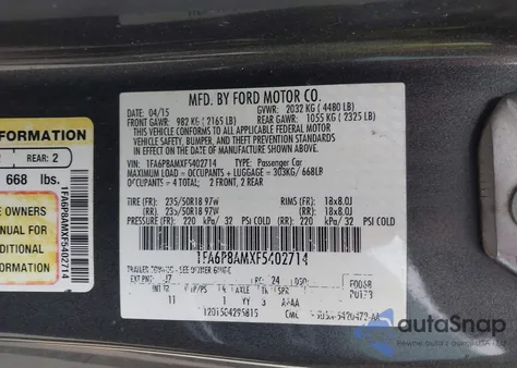 2015 Ford Mustang V6 z USA, uszkodzony, nr VIN 1FA6P8AMXF5402714